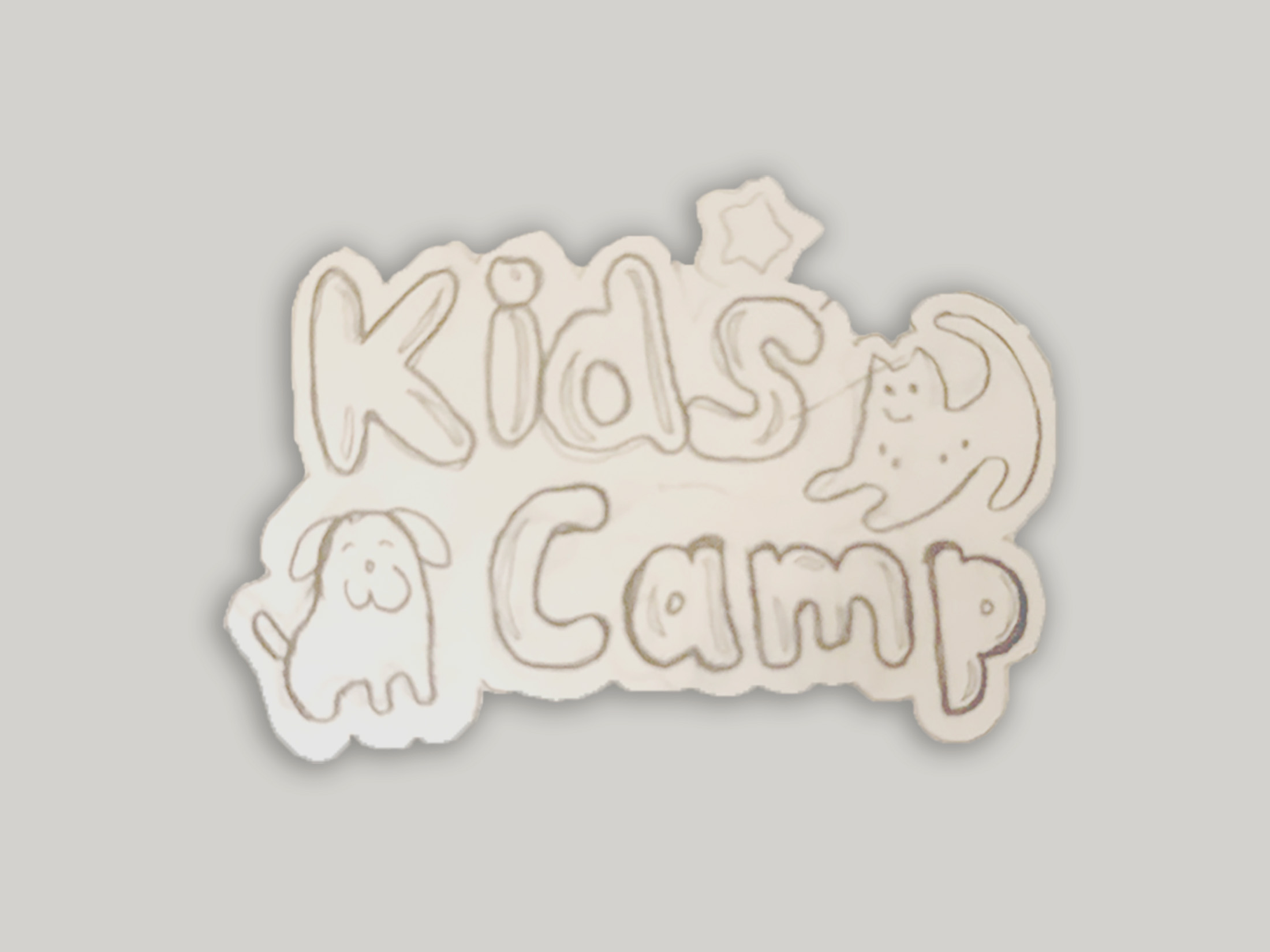 Hand-drawn concept sketch exploring the Animal Kids Camp mascot and composition
