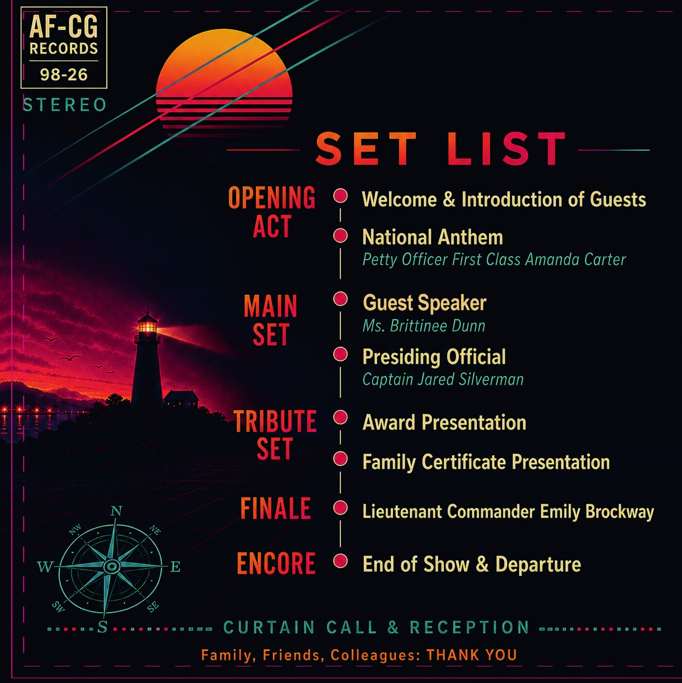 Back cover of the vinyl jacket — the ceremony program laid out as an album set list with opening act through encore