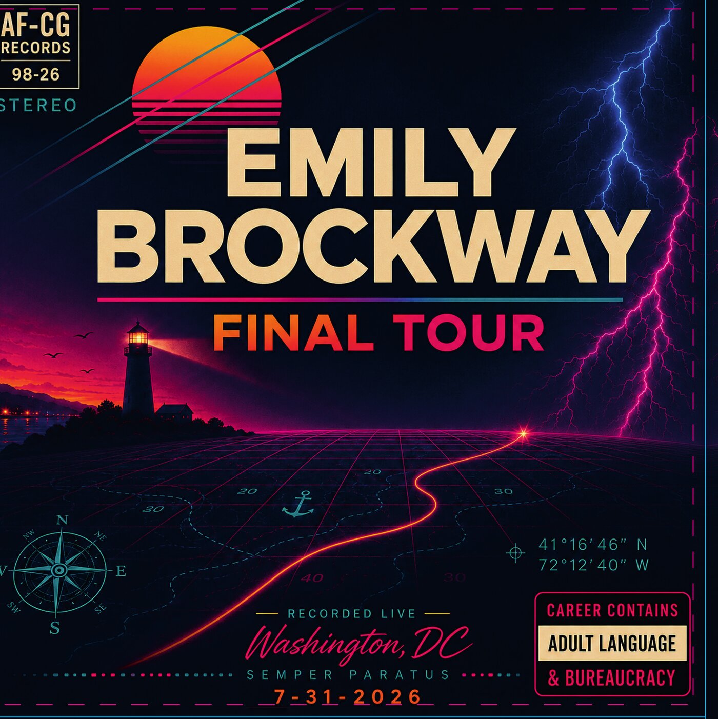 Front cover of the vinyl jacket — title treatment over a synthwave lighthouse and grid horizon, with coordinates and a parental-advisory style panel