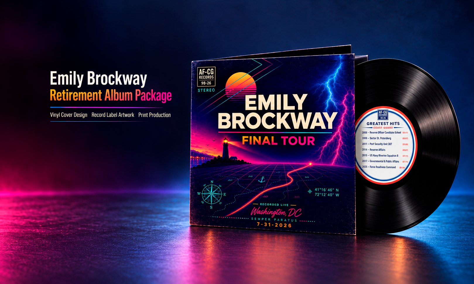 Presentation mockup of the Emily Brockway Final Tour vinyl jacket with a record partly out of the sleeve