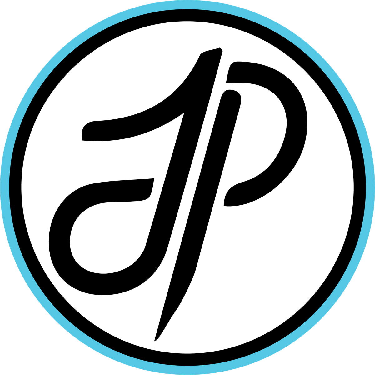 The JP monogram — interlocked J and P in a ringed badge, cyan outer ring on black