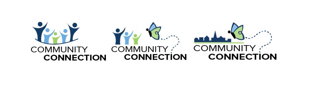 Three logo concept directions — linked human figures, figures with a butterfly, and a skyline paired with the butterfly
