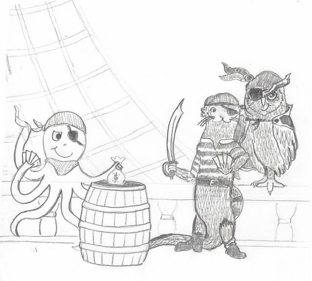 Pencil sketch of an animal pirate crew on a ship deck — an octopus, a raccoon, and an owl in pirate garb around a barrel