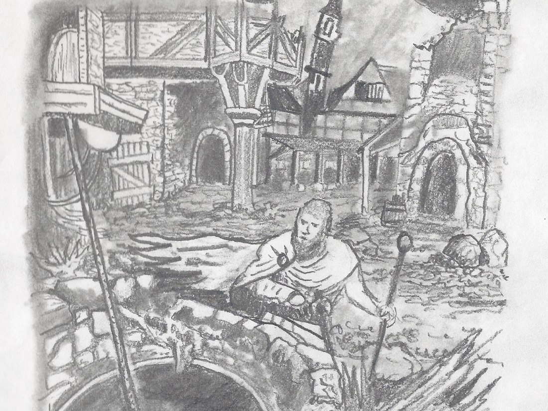 Detailed graphite environment scene of a ruined structure over a well