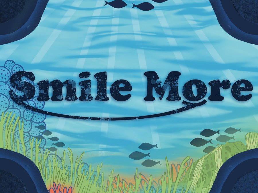 Hand-lettered Smile More in an underwater scene