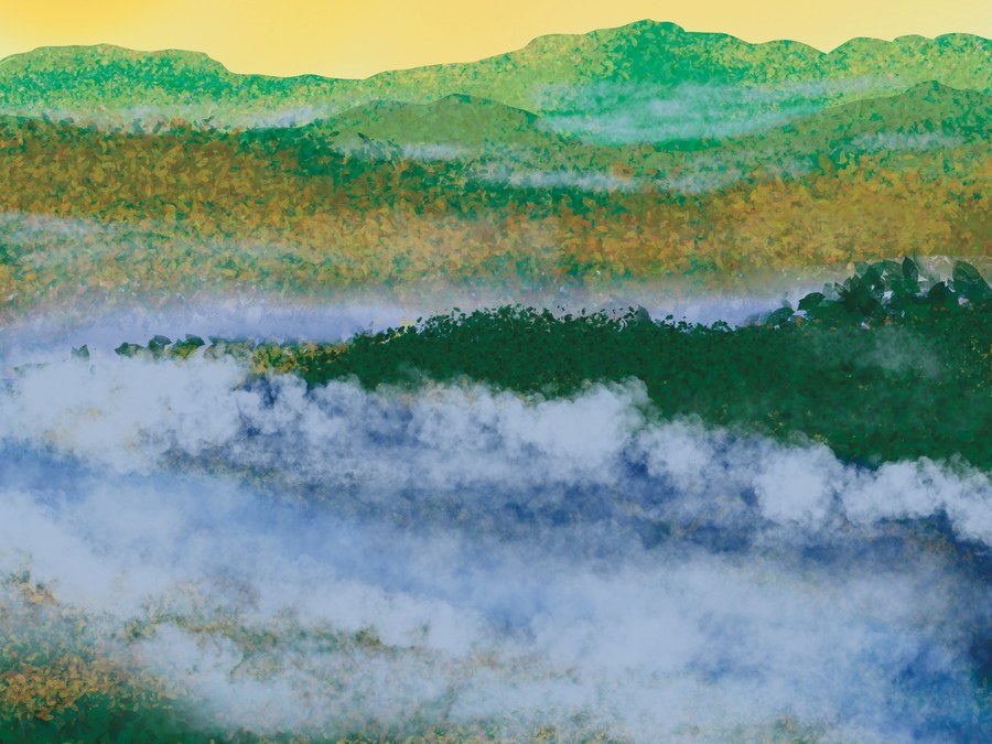 Digital painting of misty blue-ridge mountains at dawn