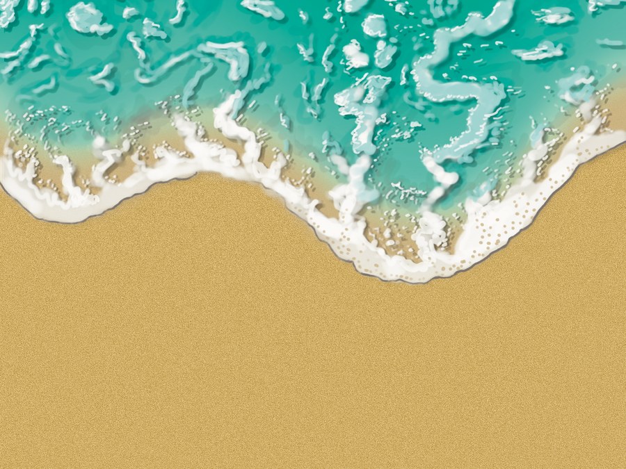 Top-down digital painting of turquoise surf meeting a sandy beach