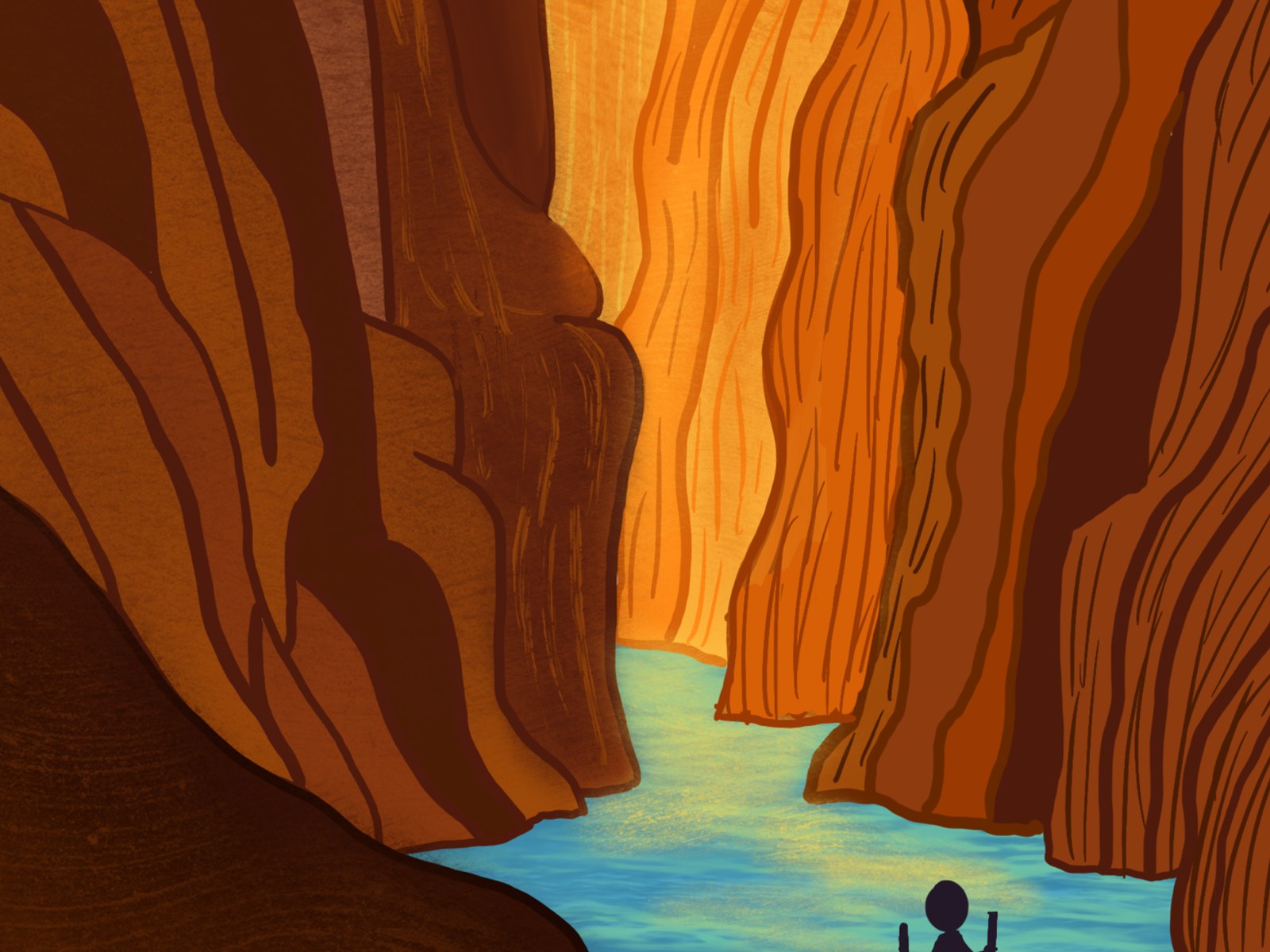 Stylized illustration of a slot canyon with a hiker beside a turquoise river