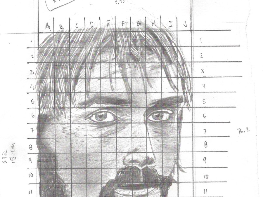 Early stage — a portrait laid out over a hand-drawn transfer grid