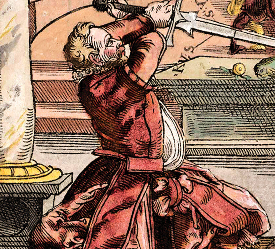 Detail crop of the red-clad swordsman at left — the engraver's parallel hatching visible through the red of the doublet and hose