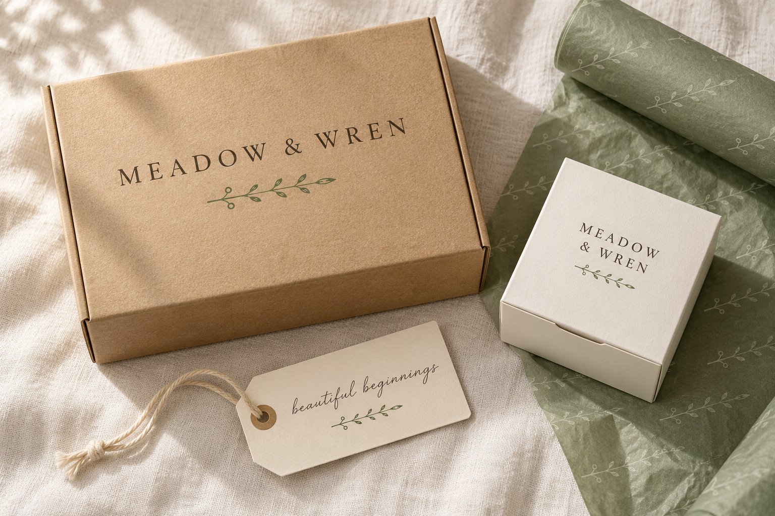 Meadow and Wren horizontal lockup on a kraft shipping box and a white folding carton, with a script tagline hang tag and sprig-pattern tissue paper