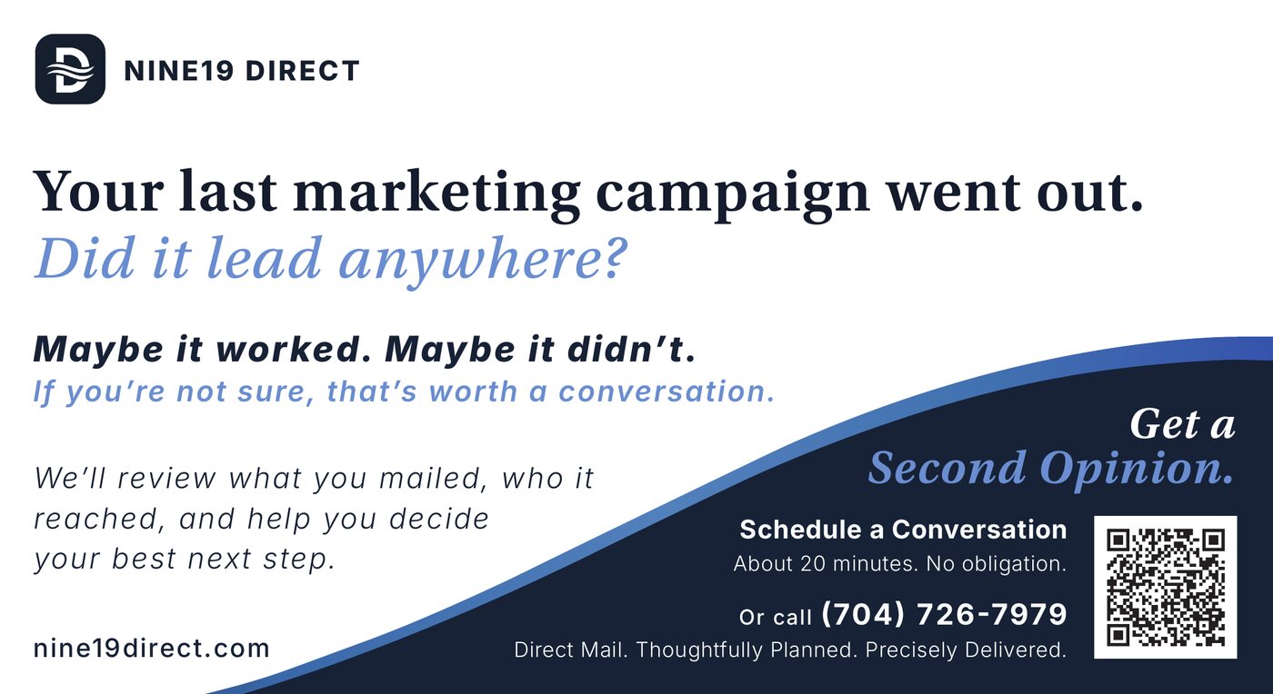 The message side of the Nine19 Direct 6 by 11 card — headline question, permission-granting subhead, and a navy diagonal panel carrying the Second Opinion offer, QR code and phone number
