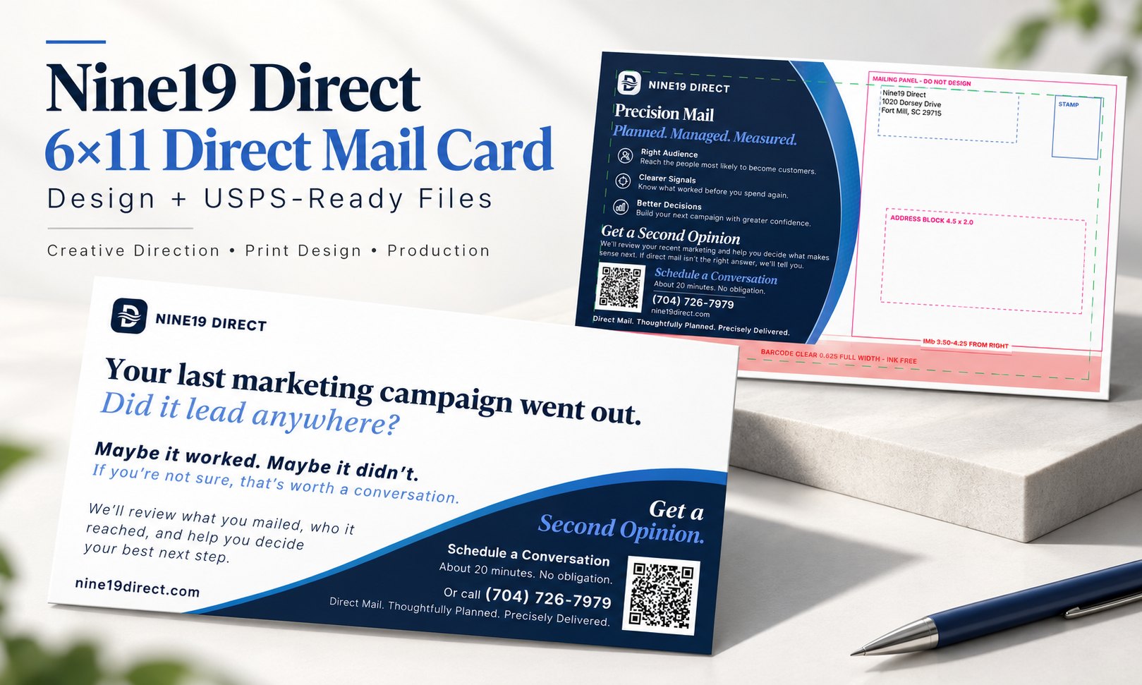 Both sides of the finished Nine19 Direct card shown as printed pieces — the message side in front, and the address side behind it with the mailing panel, address block, and barcode clear zone marked