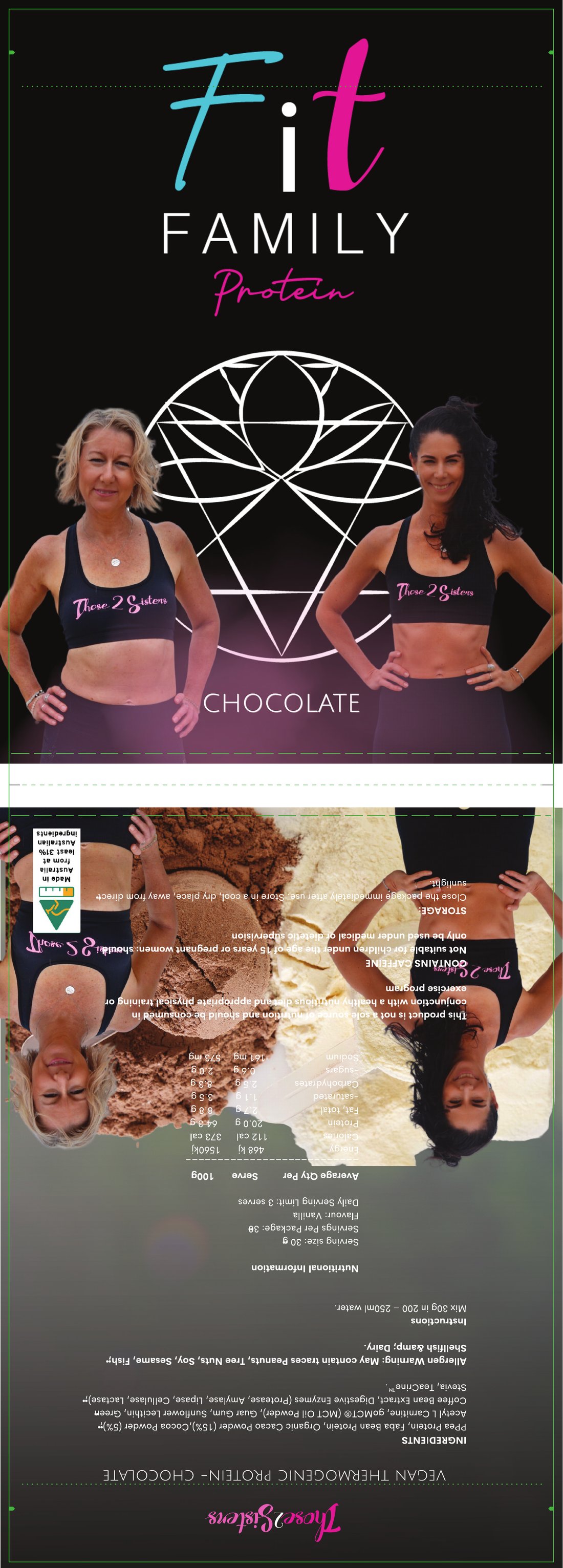 Chocolate pouch full dieline — front panel above, flipped back panel below, with dashed seal lines and trim marks