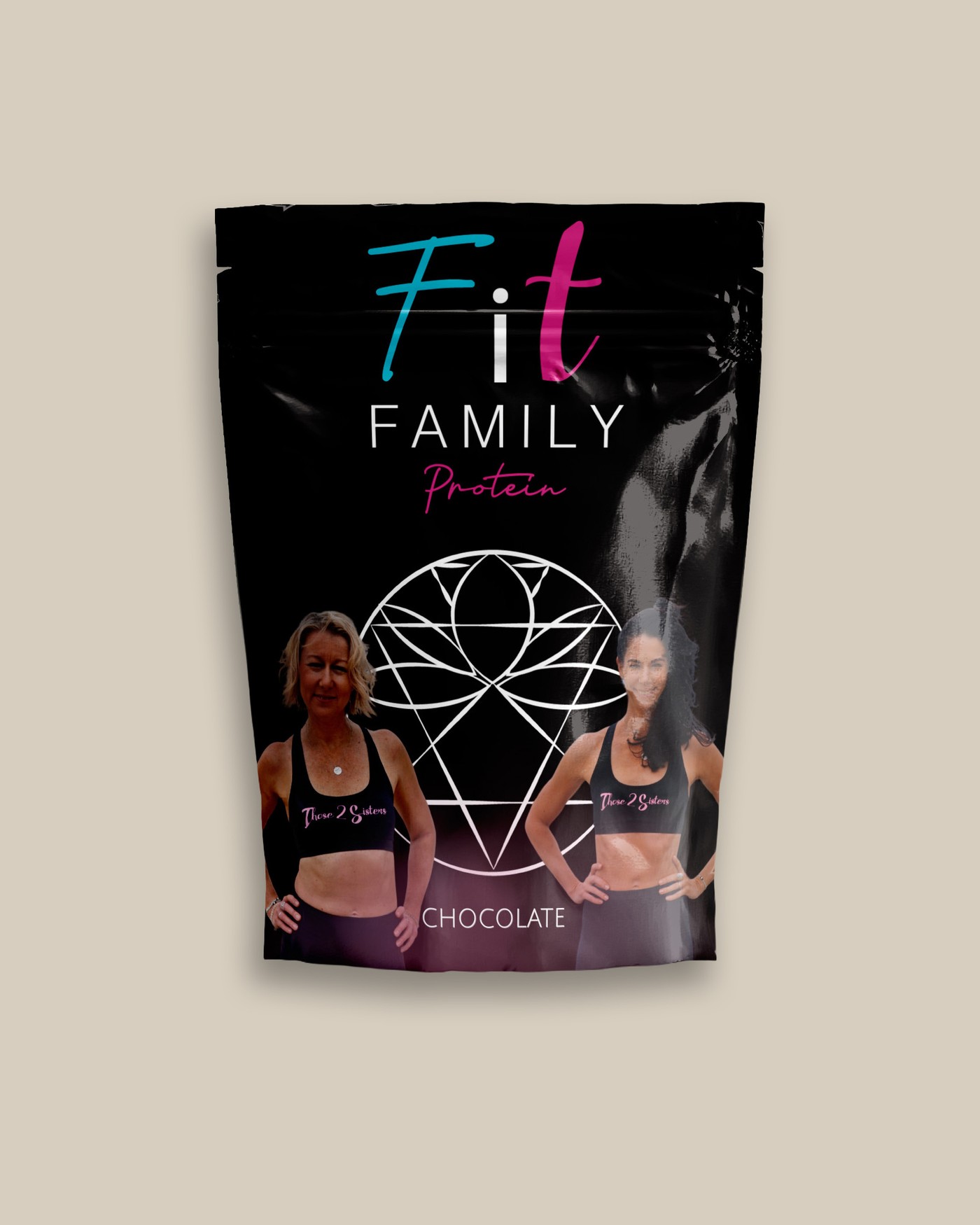 Fit Family Protein Chocolate front face — Fit Family wordmark, diamond motif, the two founders, and CHOCOLATE at the base