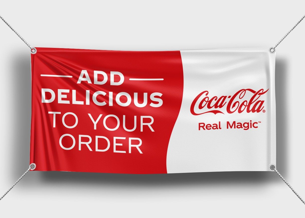 Add Delicious to Your Order Coca-Cola vinyl banner, 3 × 6 ft, with grommets