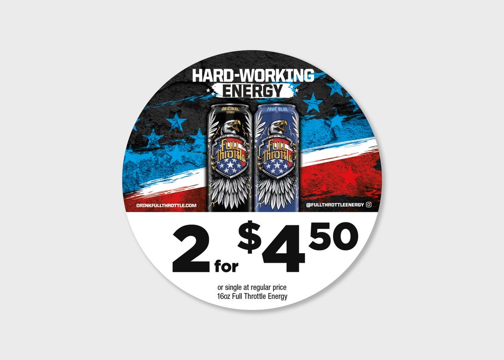 Die-cut price disc with energy drink cans, 2 for $4.50
