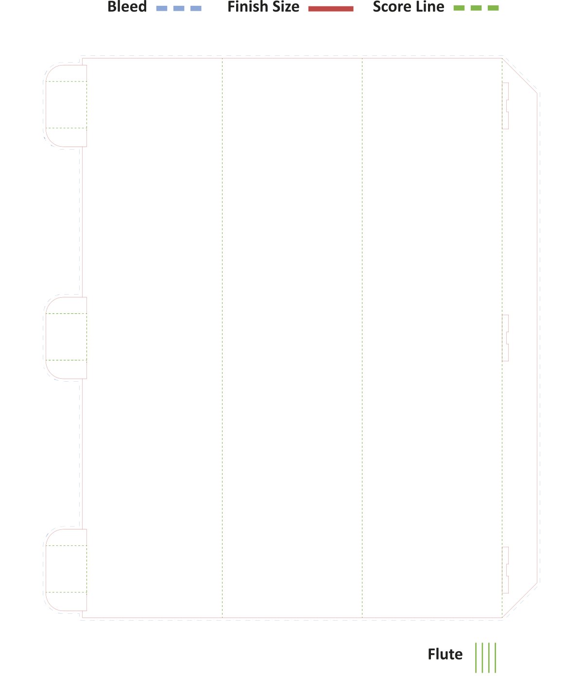Bollard cover die-line template — three 12 by 48 inch panels with bleed, finish-size, score lines, and a flute-direction key