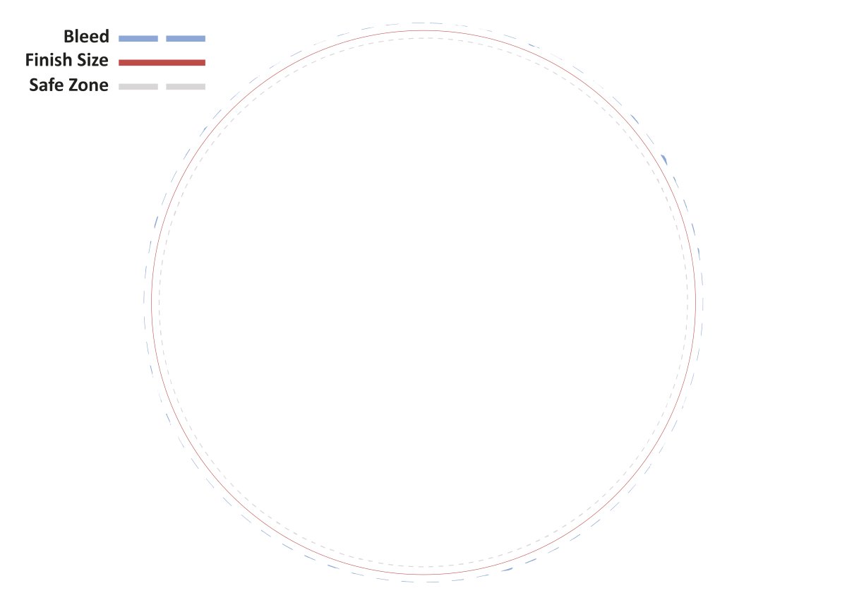 Circular bumper box insert die-line with bleed, finish size, and safe zone rings