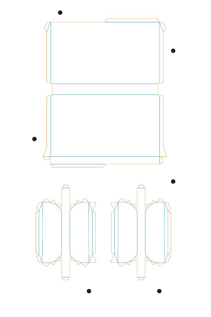 Structural box cut file with blue score lines and orange cut path for a printed display box