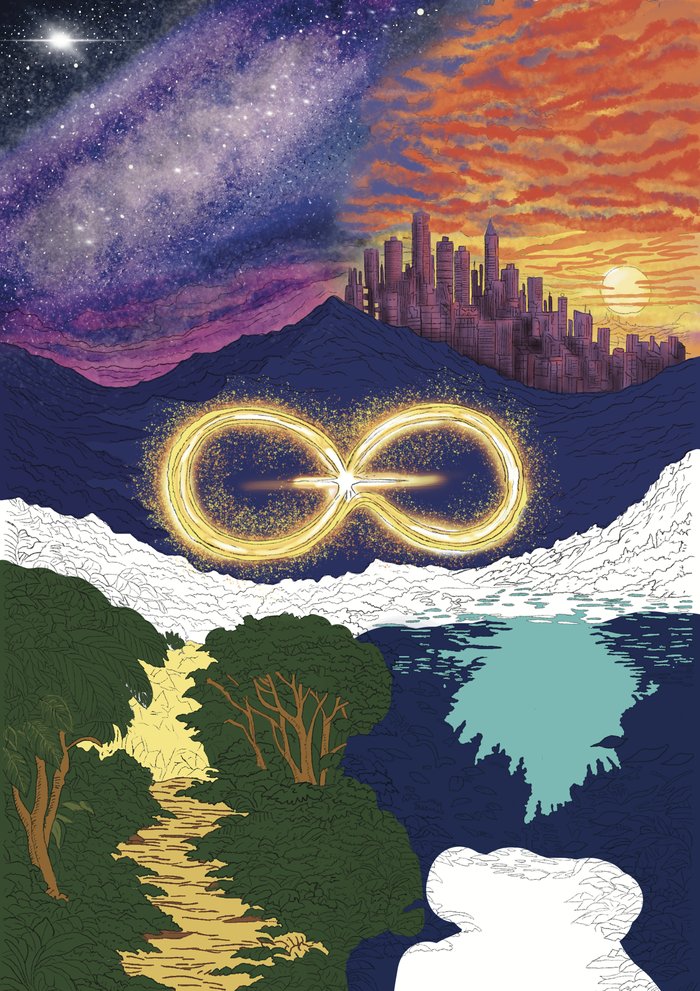 Reincarnation cover, stage two — flat color blocked in across the four worlds