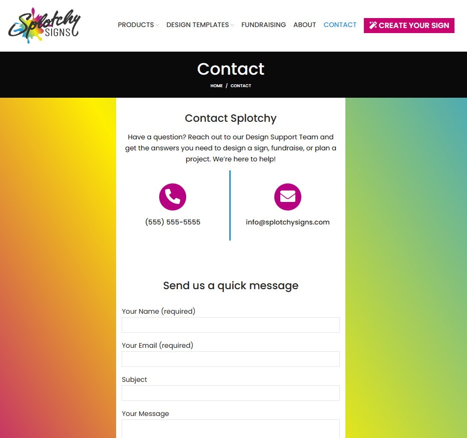 Splotchy Signs shipped Contact page