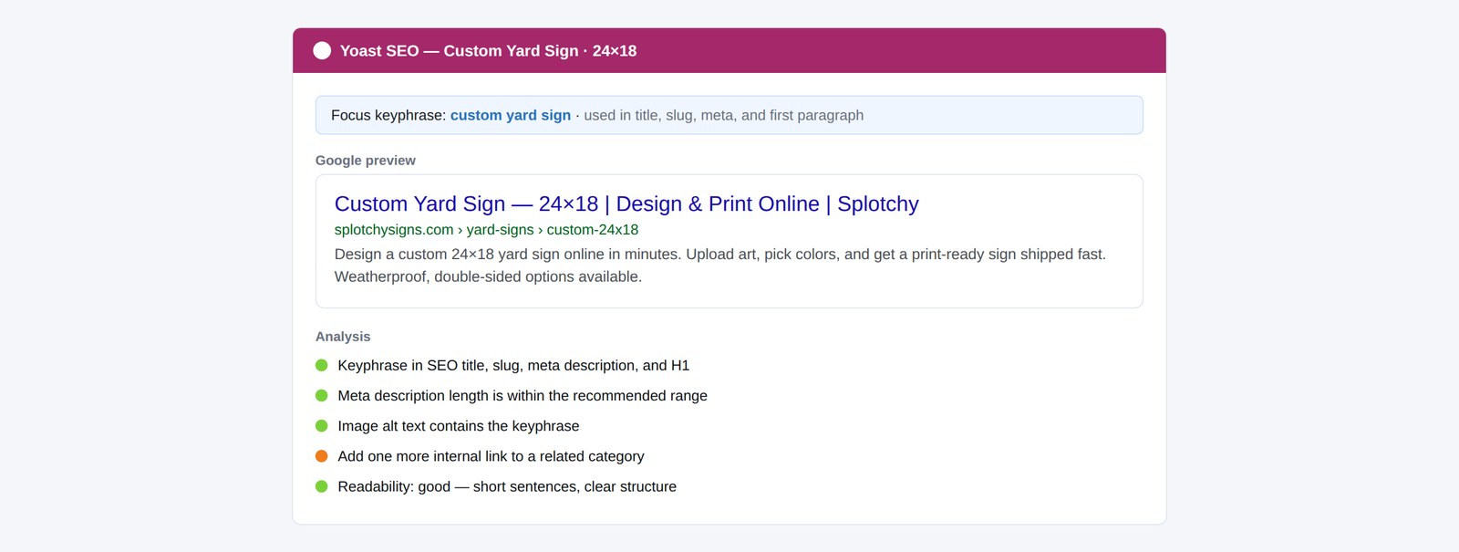 A Yoast SEO panel for a custom yard sign product — focus keyphrase, Google preview snippet, and green-light readability analysis
