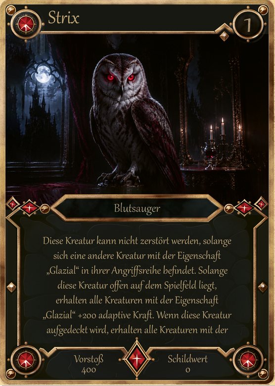 Vertical Attack Creature card, Strix, an owl with red eyes in a bronze frame