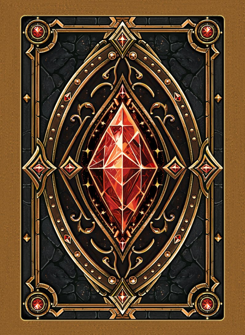 Card back with a central ruby gem in an ornate bronze frame, shown with bleed