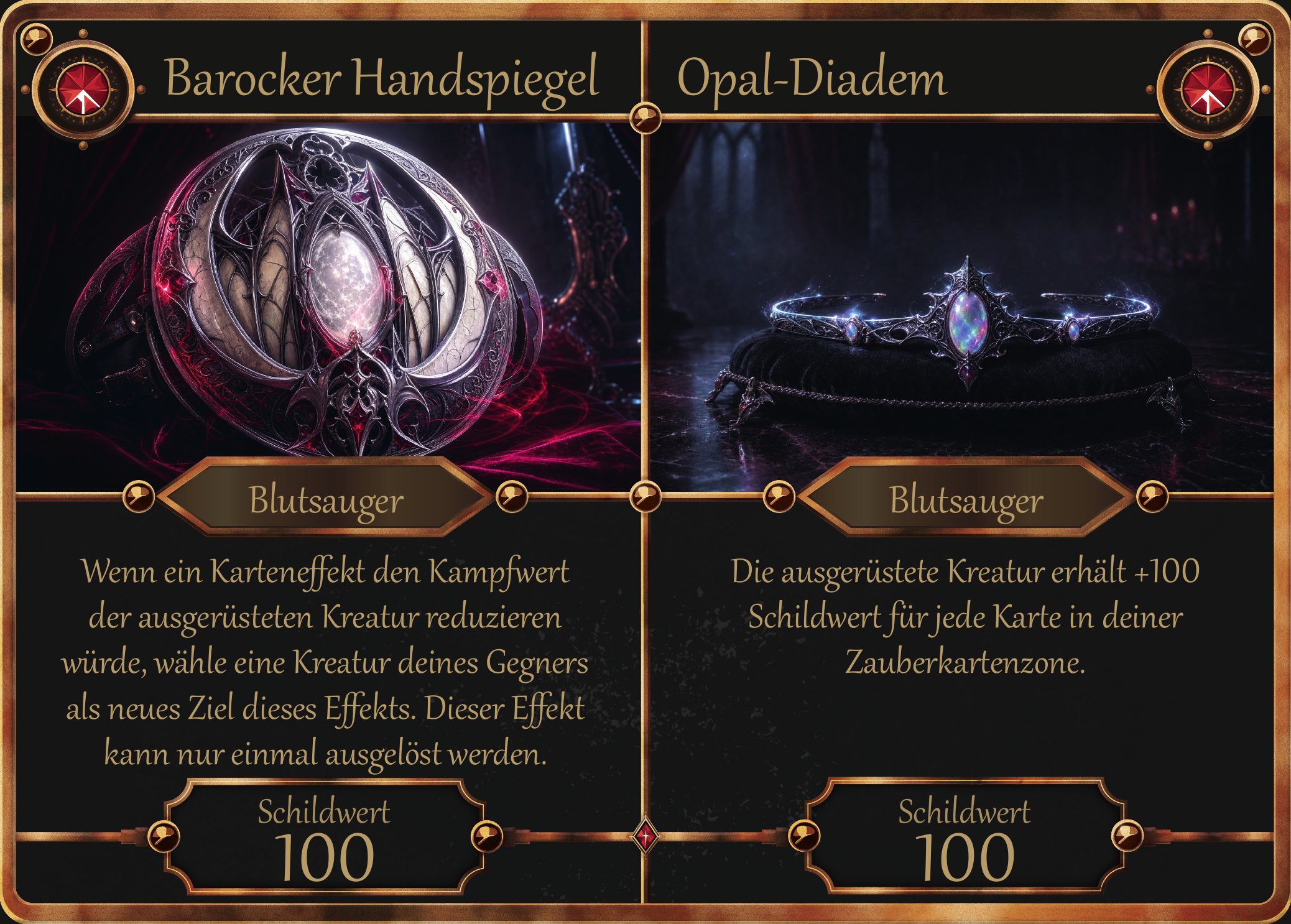 Horizontal split Defender Equipment card showing a baroque hand mirror and an opal diadem side by side