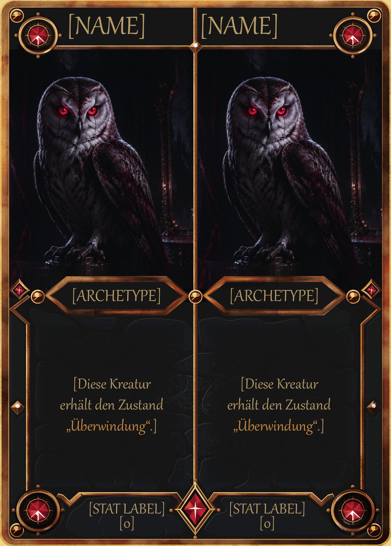 Blank split template showing placeholder fields for name, archetype, rules text and stat label