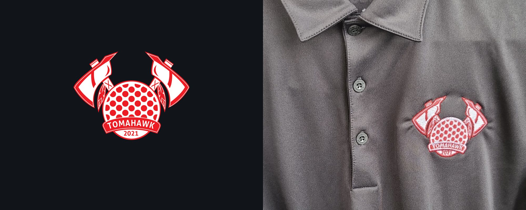 The Team Tomahawk vector badge on charcoal beside the finished embroidered polo — crossed axes over a dimpled ball with a banner reading Tomahawk 2021