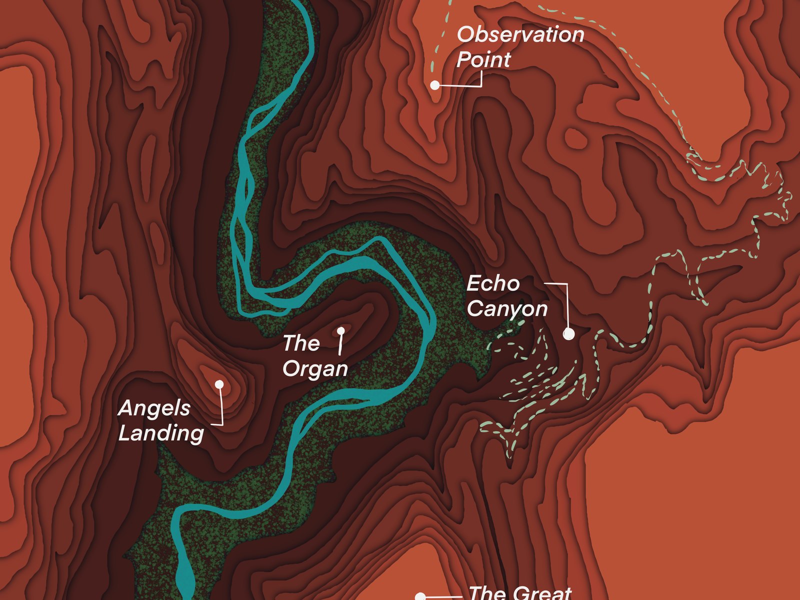 Digital topographic illustration of a park with labeled trail markers and a flat contour colorway